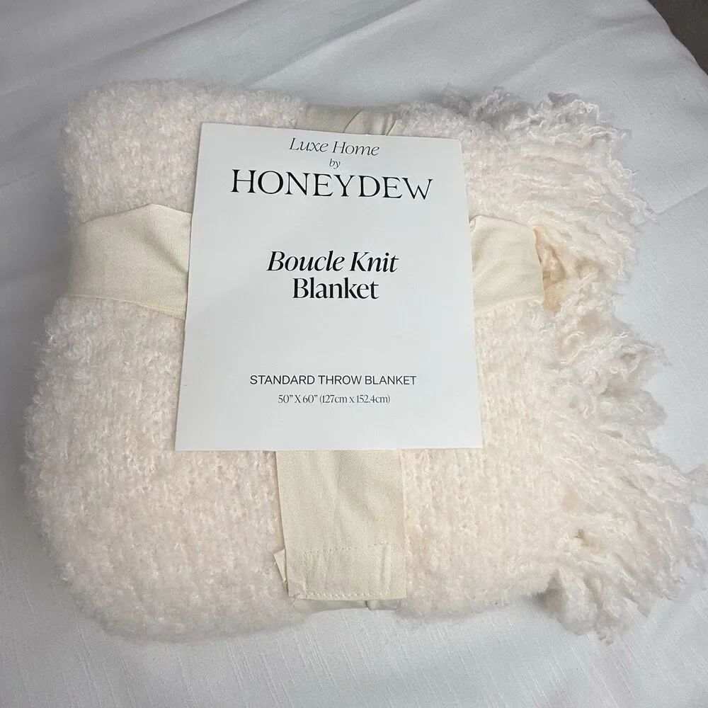 Luxe Home By Honeydew Boucle Knit Standard Throw Fringe Blanket Ivory 50”x60 New